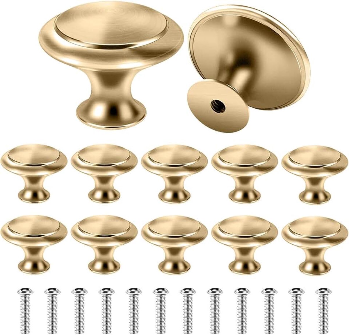 12 ronde meubelknoppen in paddenstoelvorm, rond, 27 mm, voor meubels, handvat met één gat met schroeven, voor laden, keukenkasten (goud)
