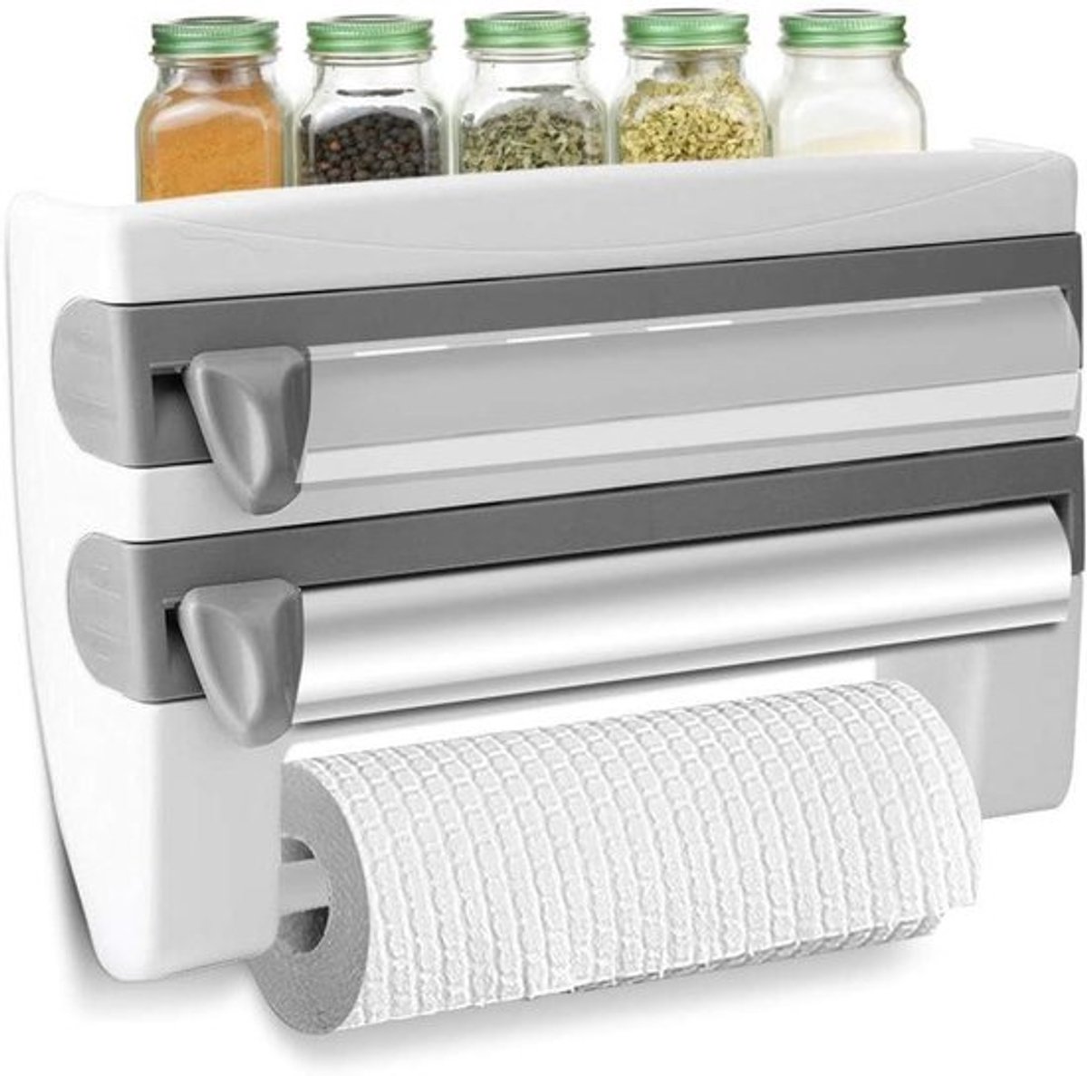 Keuken Opbergrek voor Plastic Wrap en Papieren Toren met Snijder, Wandmontage en Gemakkelijke Montage - Grijs.