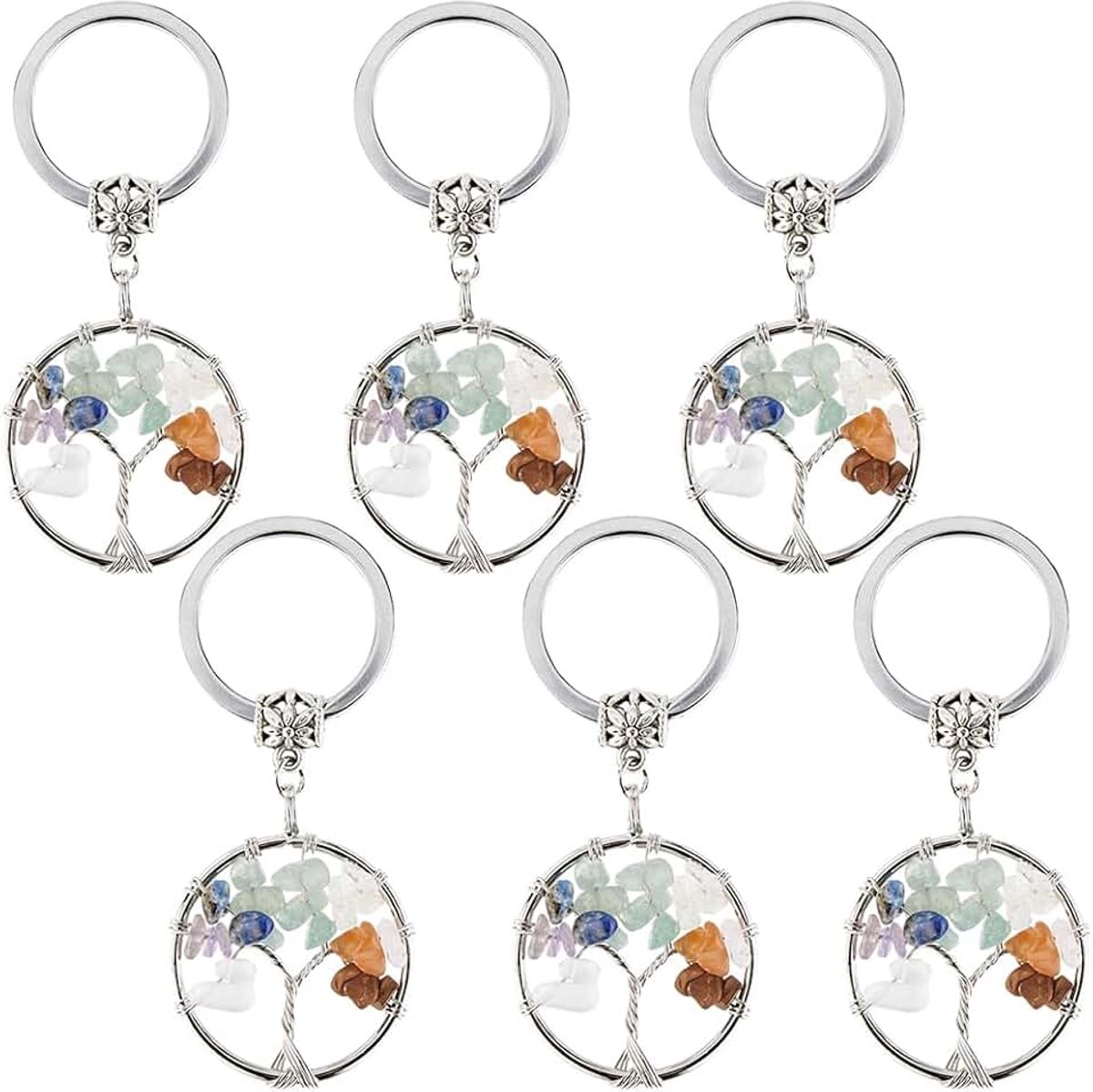 1 doos 6 stuks levensboom sleutelhanger bulk handgemaakte chakra steen sleutelhangers chip kralen natuurlijke kristallen lapis quartz edelsteen kralen geluk yoga bedels ronde kleurrijke