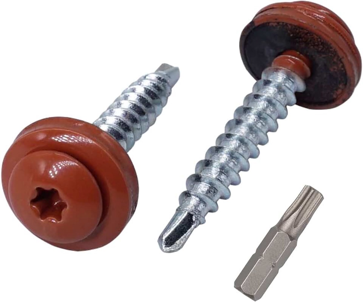 (Pack van 60 stuks) Metalen dakbedekking Torx-schroeven, 4,8 x 35 mm geschilderde zelfborende schroeven met EPDM-ringen, plaatschroef (60, koperbruin RAL 8004)
