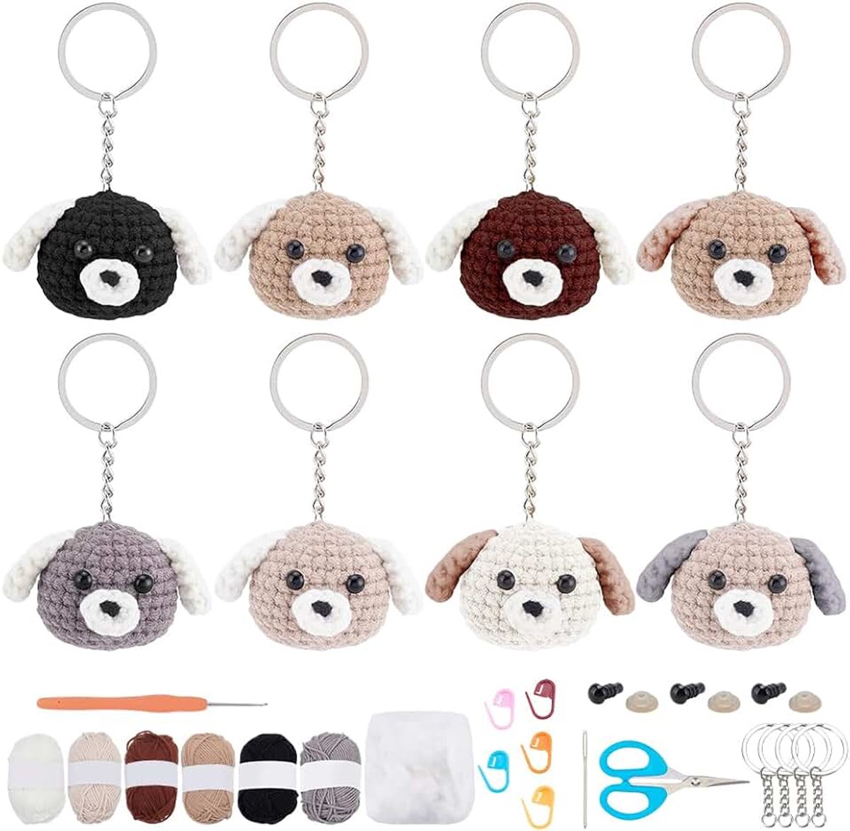 8 dierenset met haak voor beginners, gehaakte hondenset voor volwassenen, inclusief gekleurd garen, spindelhaak, sleutelhangers en instructies, leren hoe je een sleutelhanger kunt haken