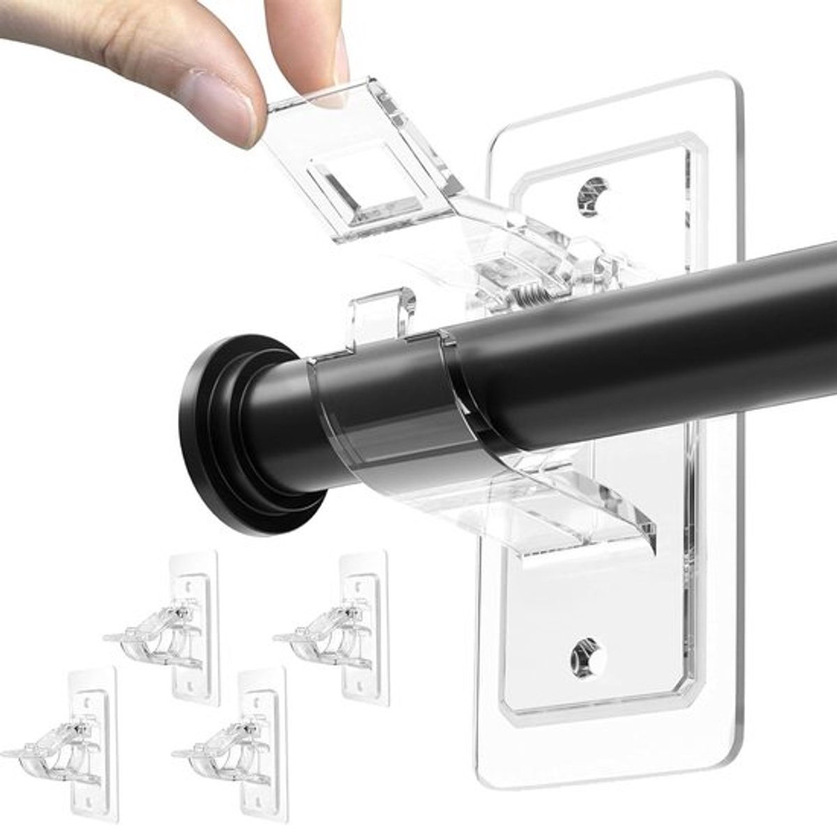 Pack van 4 Zelfklevende Gordijnroede Beugels zonder Boren, Multi-functionele Gordijnhaak voor Badkamer en Slaapkamer, Transparant en Eenvoudig te Installeren