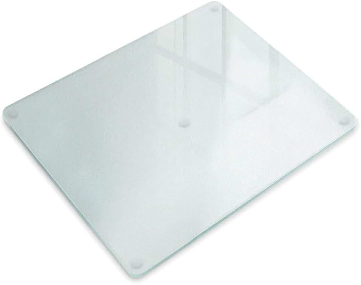 Glasplaat voor Vlees 52x40 cm | Hittebestendig | Krasbestendig |Matglas | Met Antislip Siliconen Voeten | voor de Keuken | Melkglas | Makkelijk Schoon te Maken | Gehard Glas | Rechthoekig