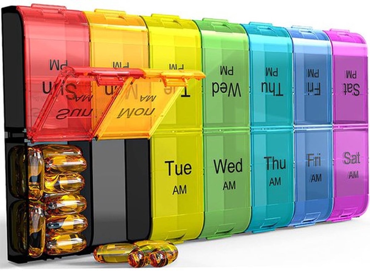 Extra grote pillendoos, voor tweemaal daags gebruik, XL pillenhouder voor 's ochtends en 's avonds, pillenhouder voor 7 dagen (tweemaal daags), extra grote pillenhouder voor dagelijks gebruik, voor vitamines, grote pillencontainer, medicijndispenser.