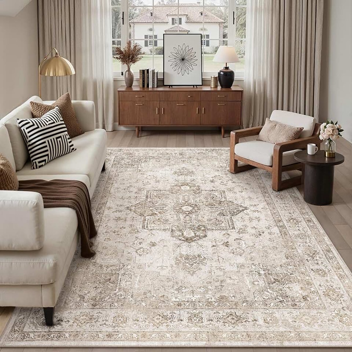 Vintage Woonkamer Vloerkleed 200x300cm Beige Machinewasbaar Tapijt Antislip Carpet Kinderkamer Groot Vloerkleden Slaapkamer Eetkamer Kantoor Kortstondig Rug