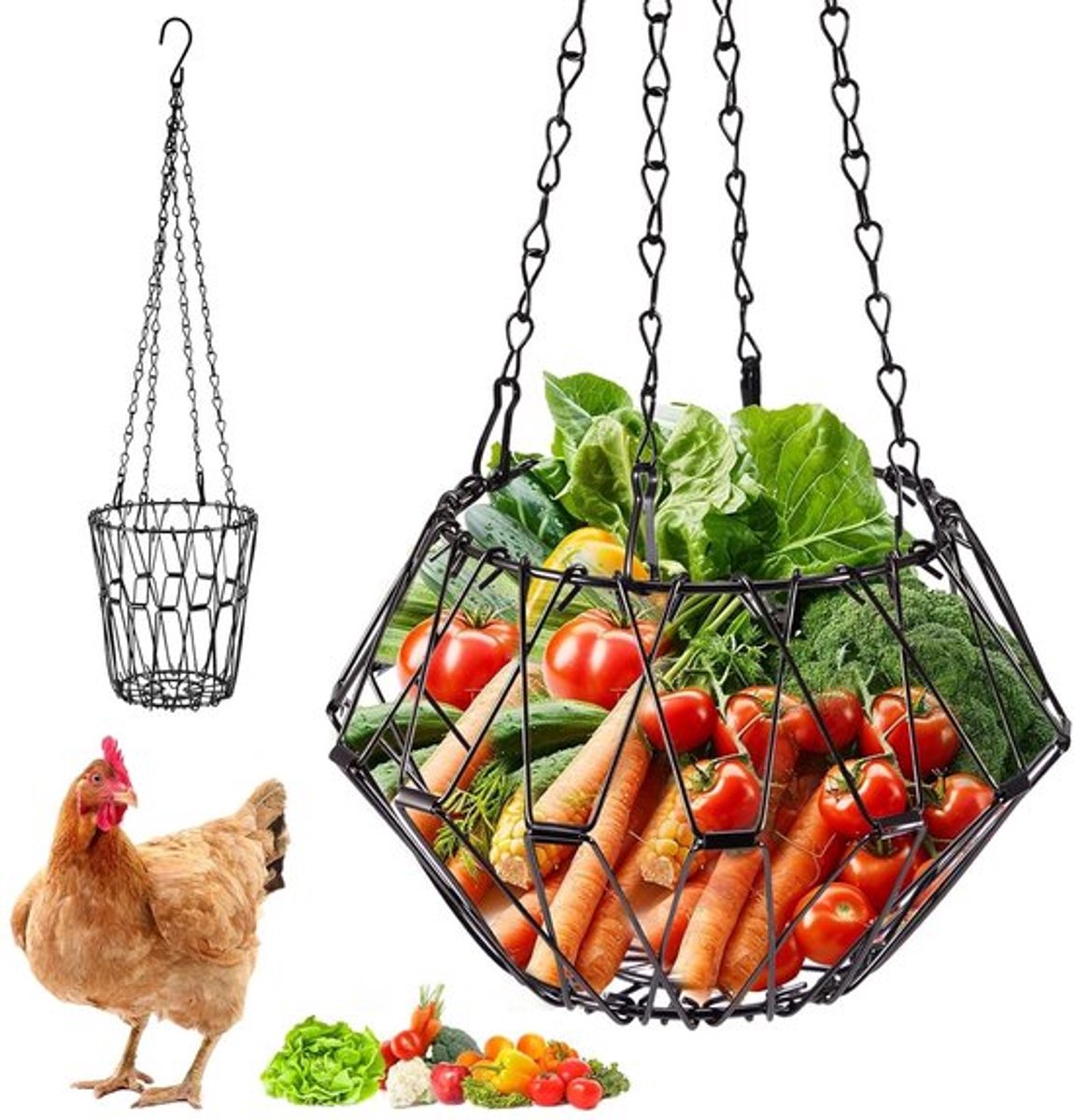 Hangbare Voederbak voor Kippen, 40 cm, Vouwbare Voederdispenser voor Groenten en Fruit met 4 Kettingen voor Eenvoudig Voeden en Ophangen