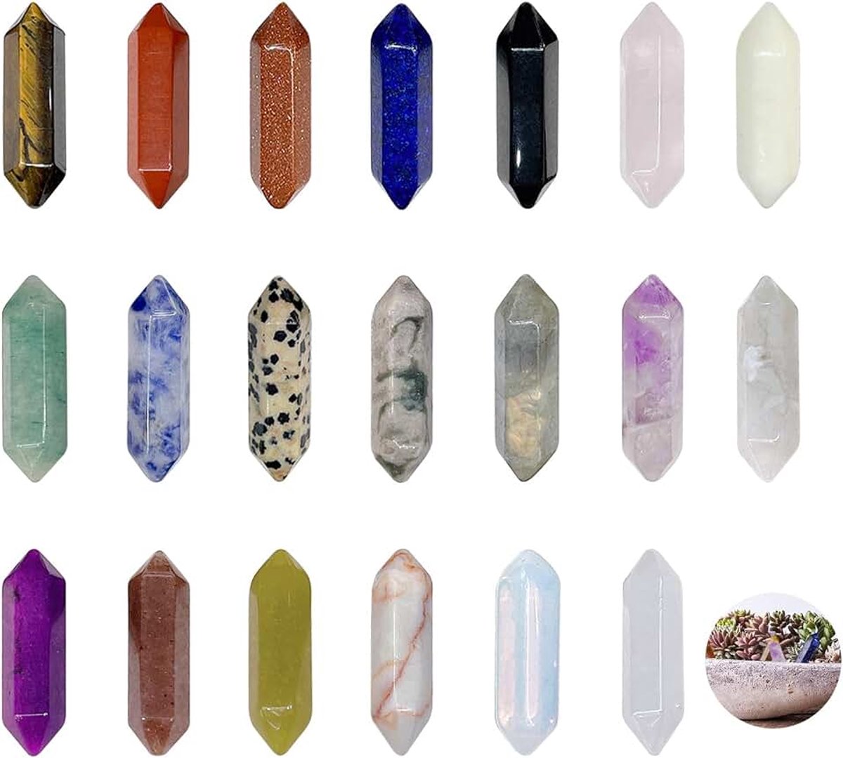 20 stuks helende kristallen stenen set, dubbelpuntige zeshoekige helende kristallen, kristallen en edelstenen toverstaf bulk chakra kwarts steen voor Reiki meditatie energiebalanstherapie
