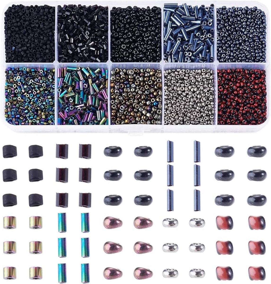 6200 stuks geassorteerde glazen rocailles zwarte ronde cilinder rocailles iris ronde glazen bugle kraal 1,5-5x1-2mm voor sieraden maken doe-het-zelf armband ketting oorbellen ambachten