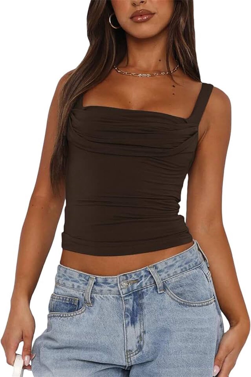 Tanktop voor dames, ruches, mouwloos, vierkante hals, uitgaan, strak, slim fit, schattige crop top