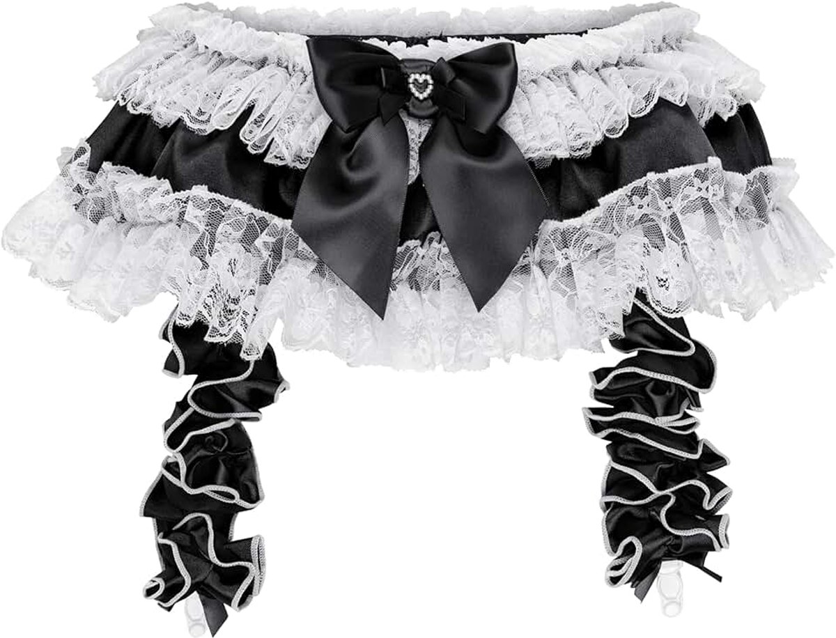 Sissy Satijnen Jarretelgordel Ruches Kant | Hoogglanzende Afwerking, Gelaagde Volants Met Strik, Stevige Kousenclips, Glamoureuze Flirtende Stijl