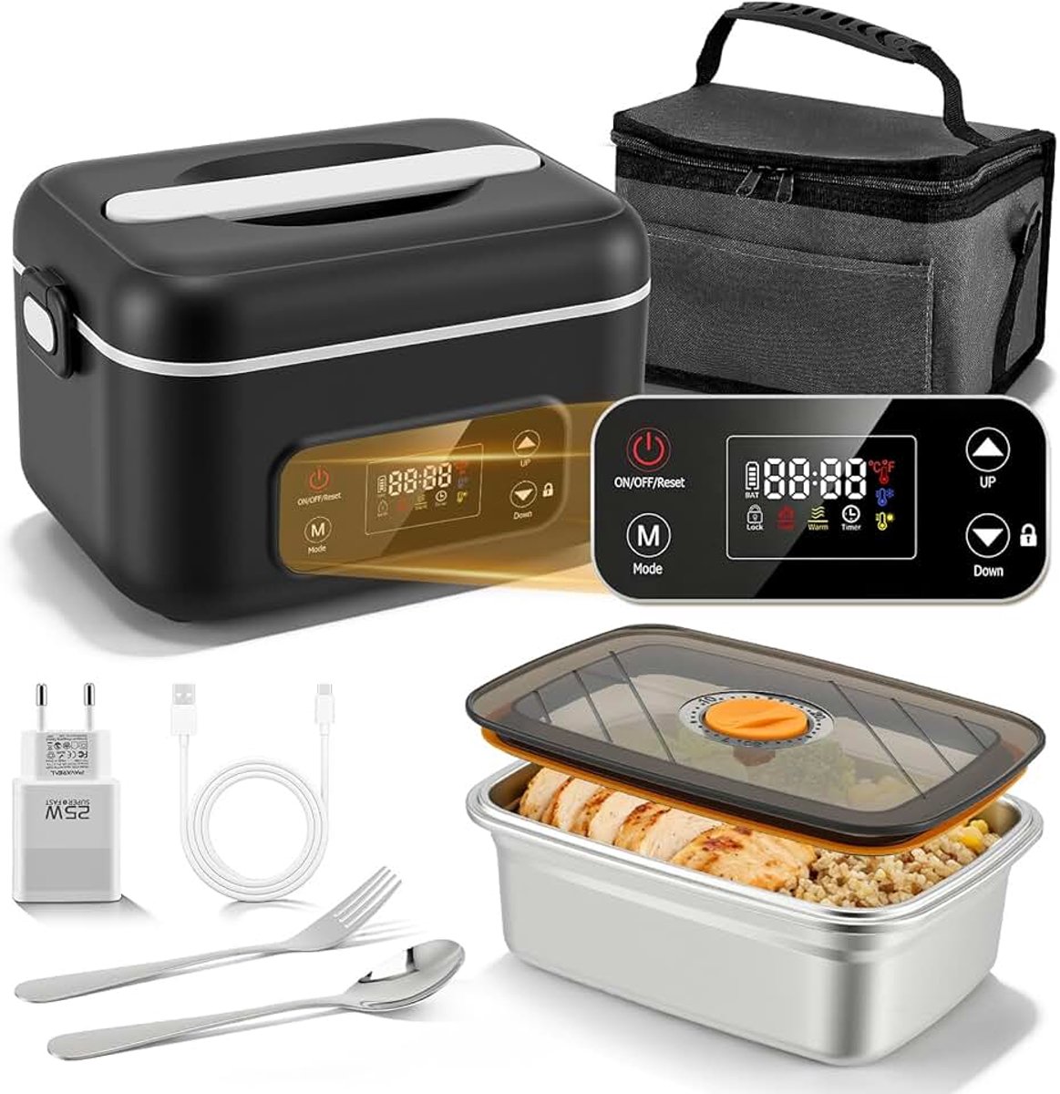 24000mAh verwarmde lunchbox met 12 uur timer, 1,3L oplaadbare elektrische lunchbox, draadloze elektrische lunchbox voor volwassenen, reizen, kantoor, picknick