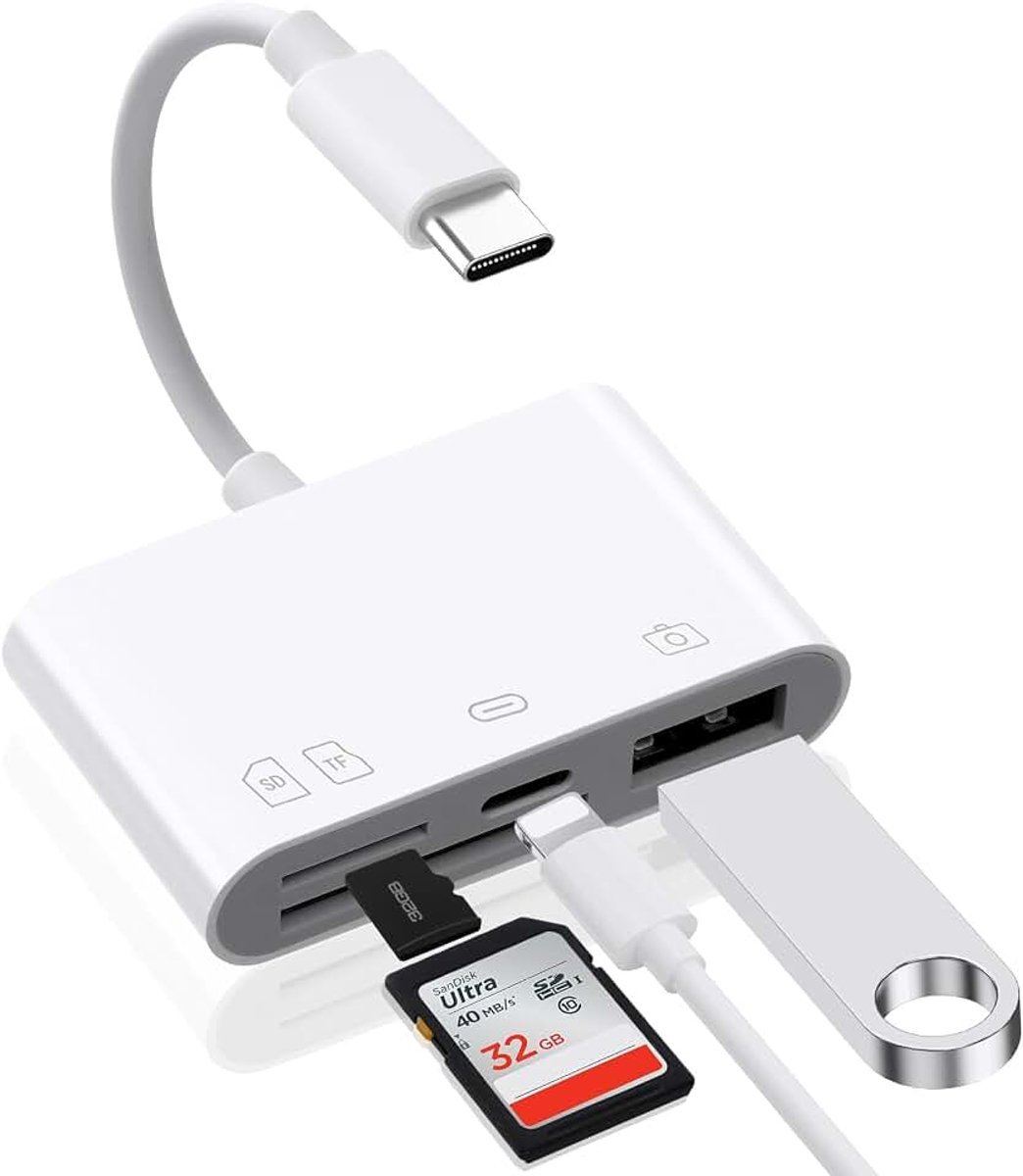 4-in-1 USB C kaartlezer, USB C naar Micro SD TF kaartlezer, SD-kaartlezer, geheugenkaartadapter kaartlezer, compatibel met iPhone 15 Plus Pro Max MacBook iPad Pro Air Galaxy Android