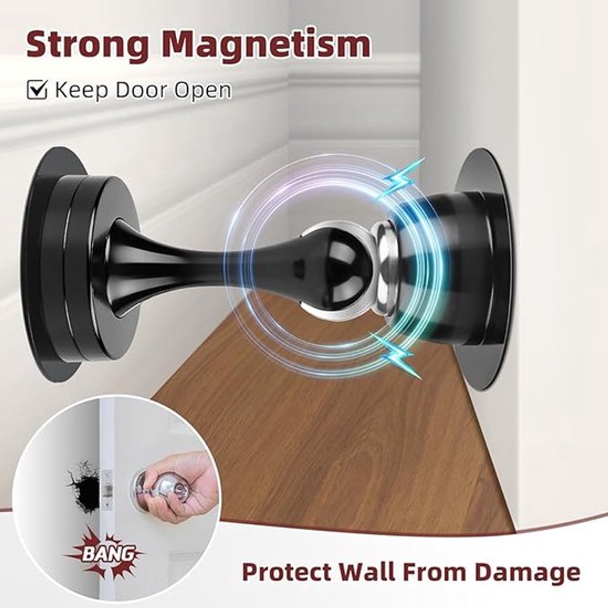 Magnetische deurstoppers, set van 2, voor wand-/vloermontage, robuuste deursteunen om deuren open te houden, roestvrijstalen magnetische deurstoppers met veiligheidsfuncties, zwart.
