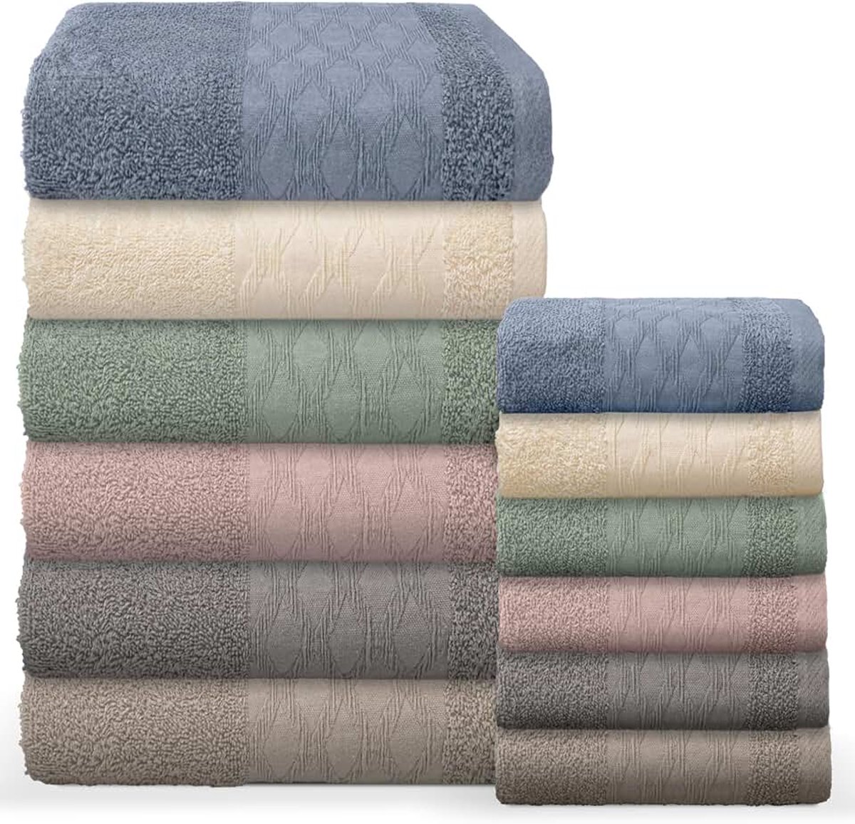 Badhanddoeken voor gezicht en bidet van puur katoen, set van 12 stuks, 6 + 6, geborduurd van zachte badstof, 400 g, gezicht 55 x 100 cm en gastenhanddoek 40 x 60 cm