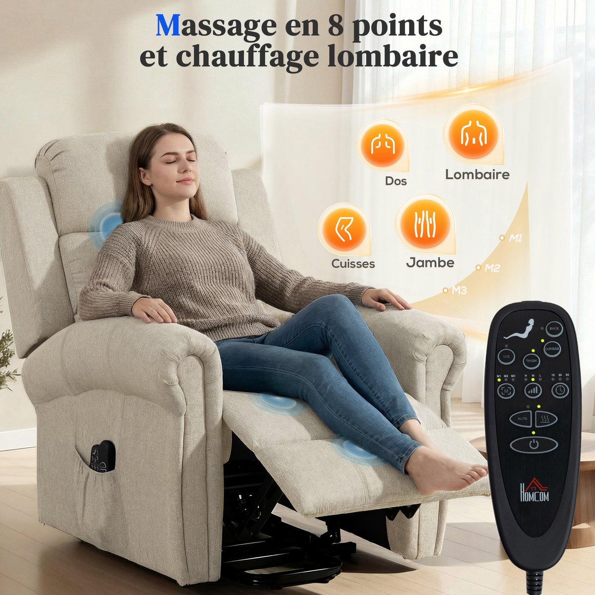 Elektrische sta-op-fauteuil, elektrische relaxfauteuil met massage- en verwarmingsfunctie, 87 x 87,5 x 108 cm, beige – foto 7
