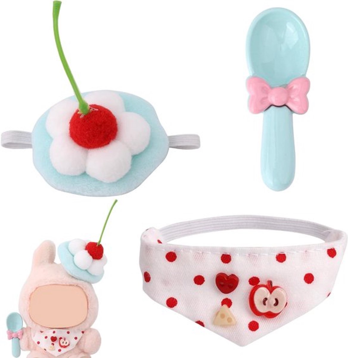 Poppenkledingset voor Pluchen Poppen - Blauw-Wit met Slabbetje, Tomaat Hoed en Lepel - Outfitaccessoires voor 15cm/17cm Poppen