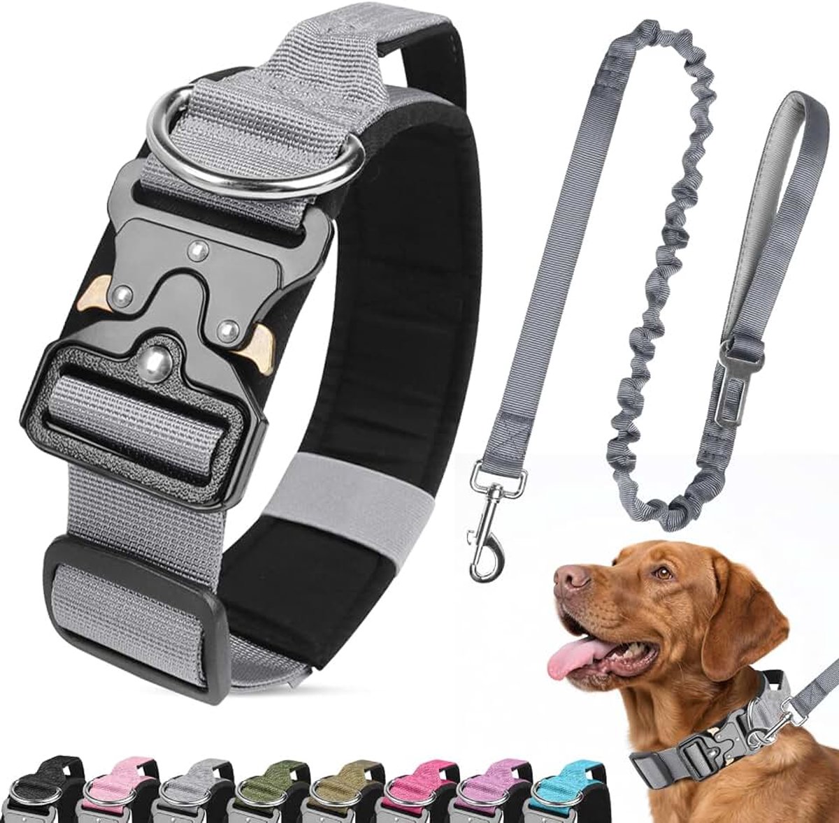 Hondenhalsband en riemset, zwaar belastbare, gewatteerde halsband met metalen gesp, militair, verstelbare nylon halsbanden met handvat voor middelgrote en grote hondentraining (grijs