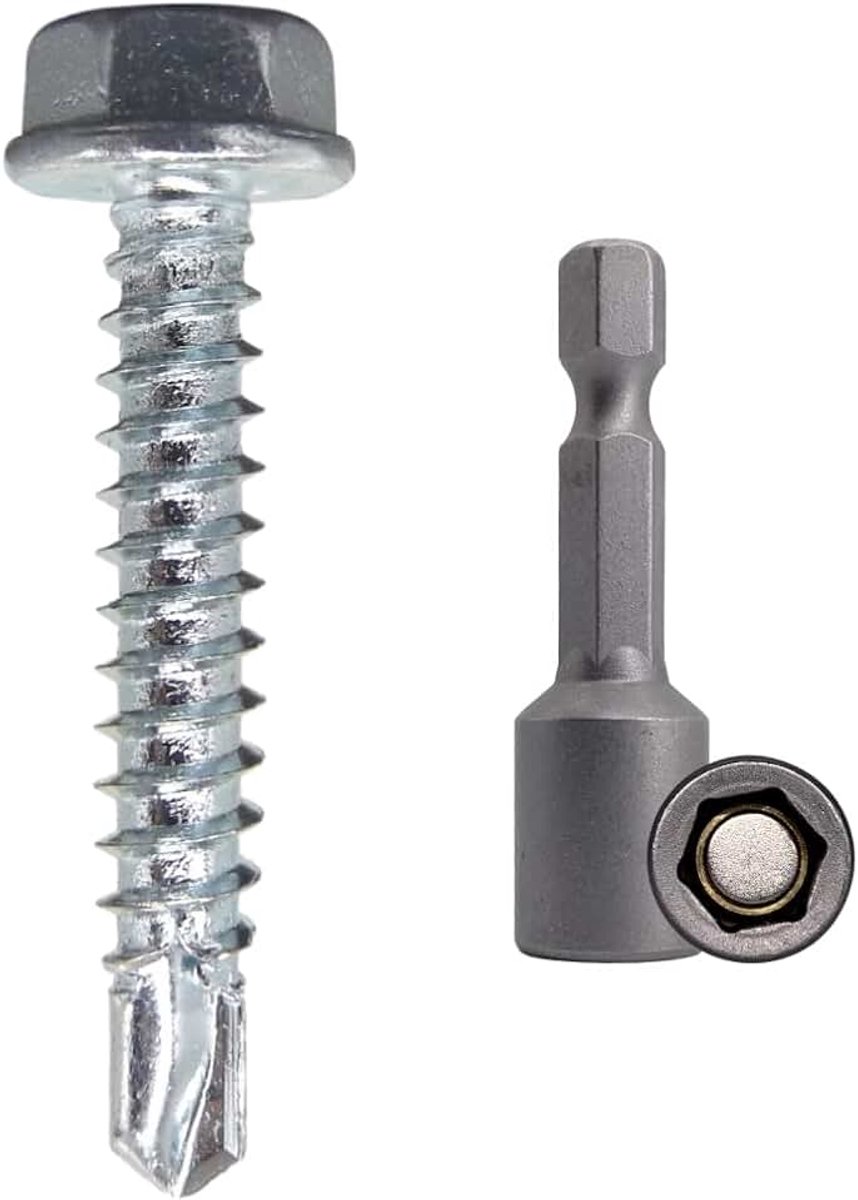 100 stuks DIN 7504 K verzinkt staal 4,2 x 25 mm schroeven, zelfborende plaatmetalen schroef, zeskantsluitring, zelftikkend (100, 4,2 x 25 mm)
