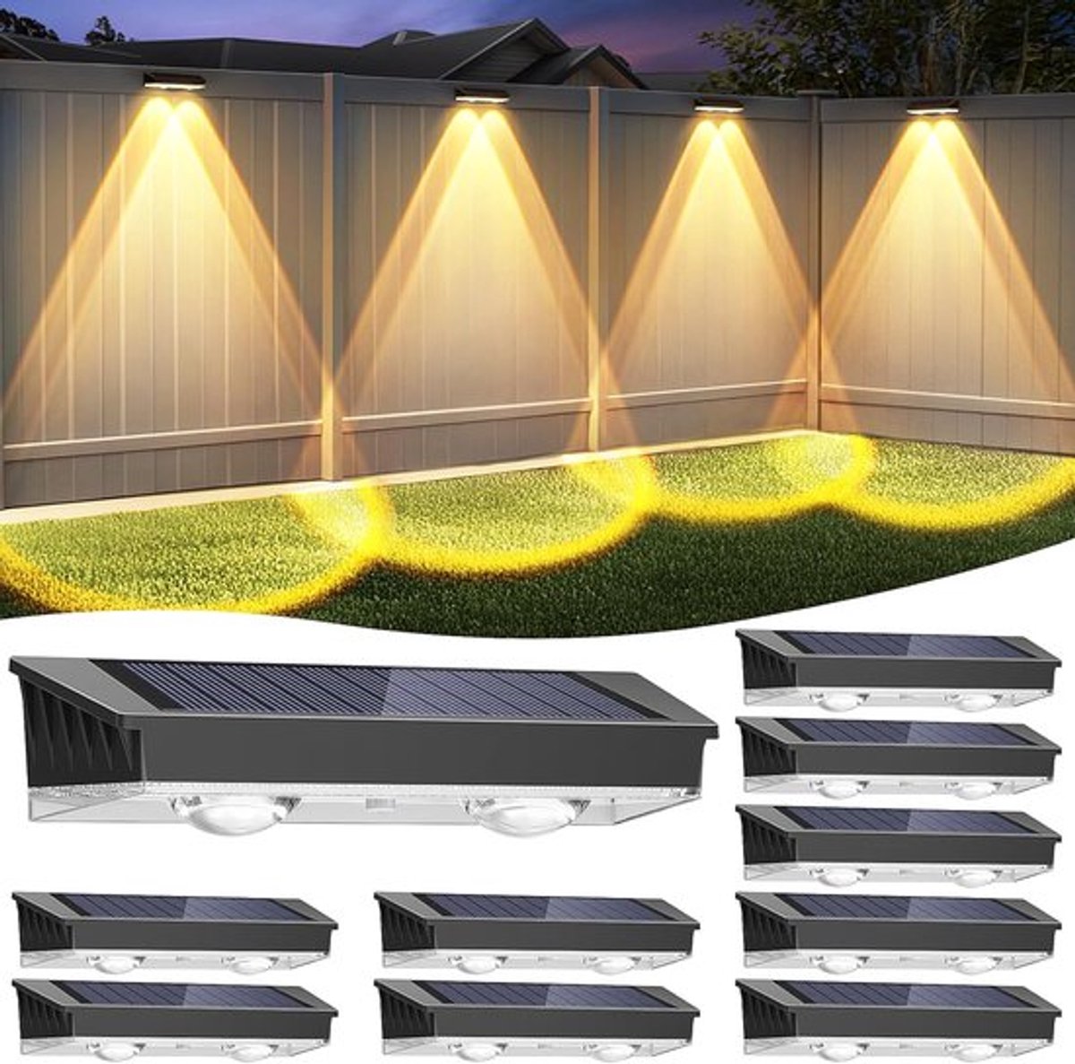 Buitenverlichting op zonne-energie voor schuttingen, 8 stuks, waterdicht, verbeterde helderheid, 3 LED's, lens, zonne-terrasverlichting, warm wit, koel wit, natuurlijk wit, geschikt voor achtertuinen, tuinen, terrassen, trappen en balustrades.