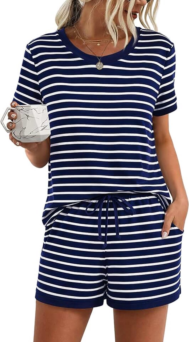 Pyjama dames zomer pyjama dames katoen korte pyjama voor dames tweedelige nachtkleding set gestreepte ronde hals en shorts met zakken casual thuis comfortabel zacht