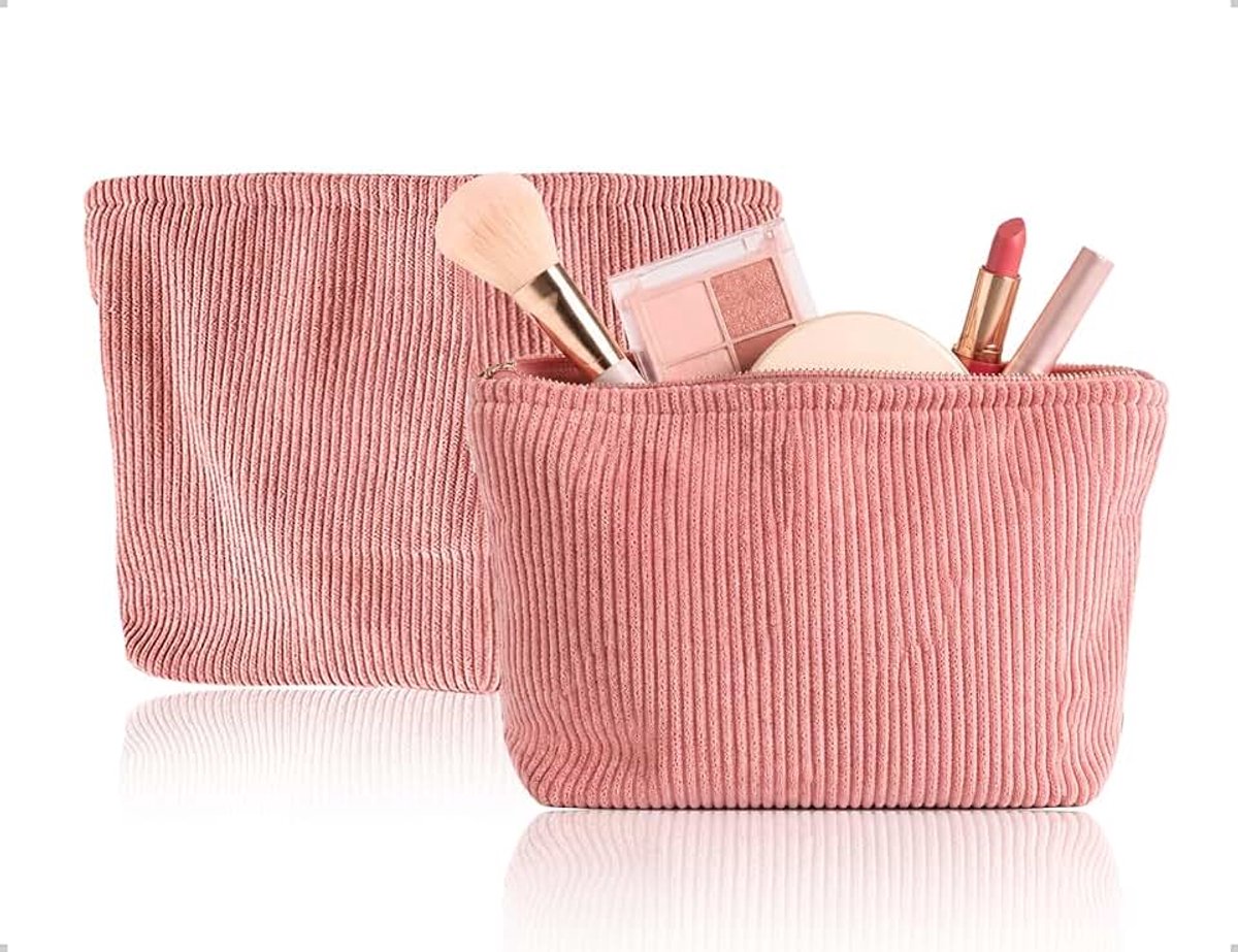 Draagbaar, klein, corduroy, make-uptas, pennenetui met ritssluiting, gebruikt voor vrouwen, reizen, zaken, winkelen, wandelen (roze)