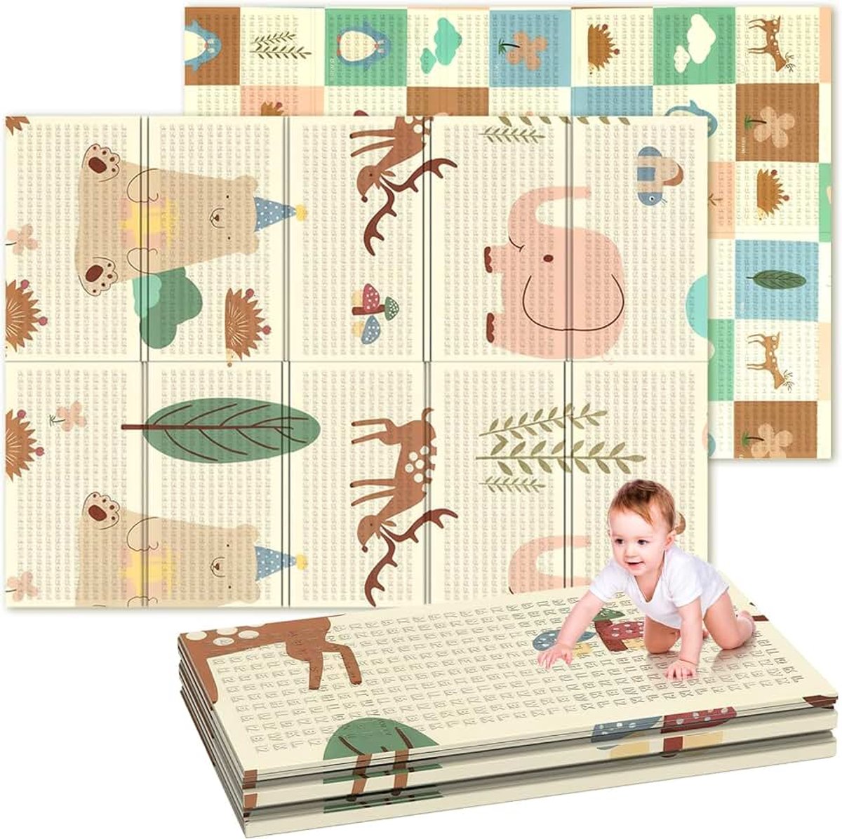 Kruipmat voor baby, speelmat voor baby opvouwbaar, 180x120x1cm, dubbelzijdige speelmat voor baby, schuimrubberen mat, waterdicht, draagbaar, vloermat voor kinderen met opbergtas (Bos/Dier)
