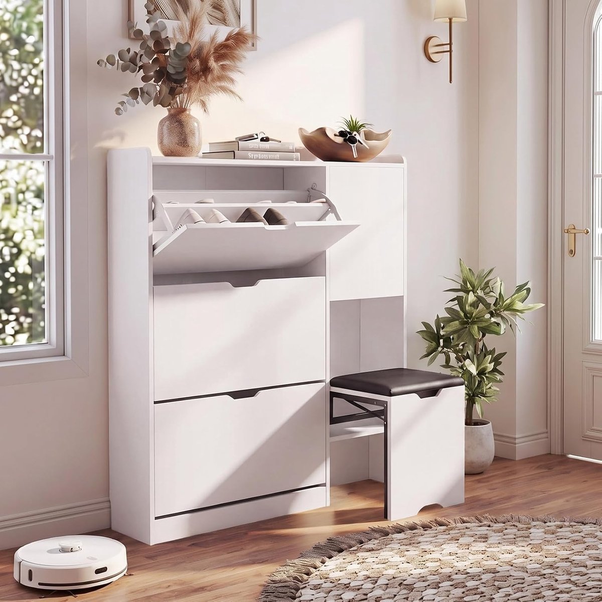 Smalle schoenenkast met zitbank wit, 110 x 24 x 119 cm | 4 kleppen en 2 lades, verstelbare legplanken, ruimtebesparend, voor 16‑24 paar schoenen, voor hal, gang en garderobe, modern schoenenmeubel