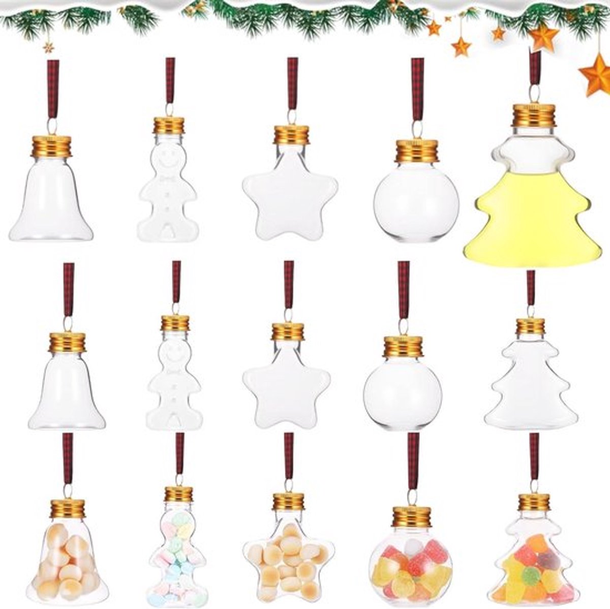 Kerstornamenten set: 15 transparante kunststof kerstballen 50 ml - vulbaar, inclusief deksels en lint - kerstboomversiering - wijndrinken decoratie.