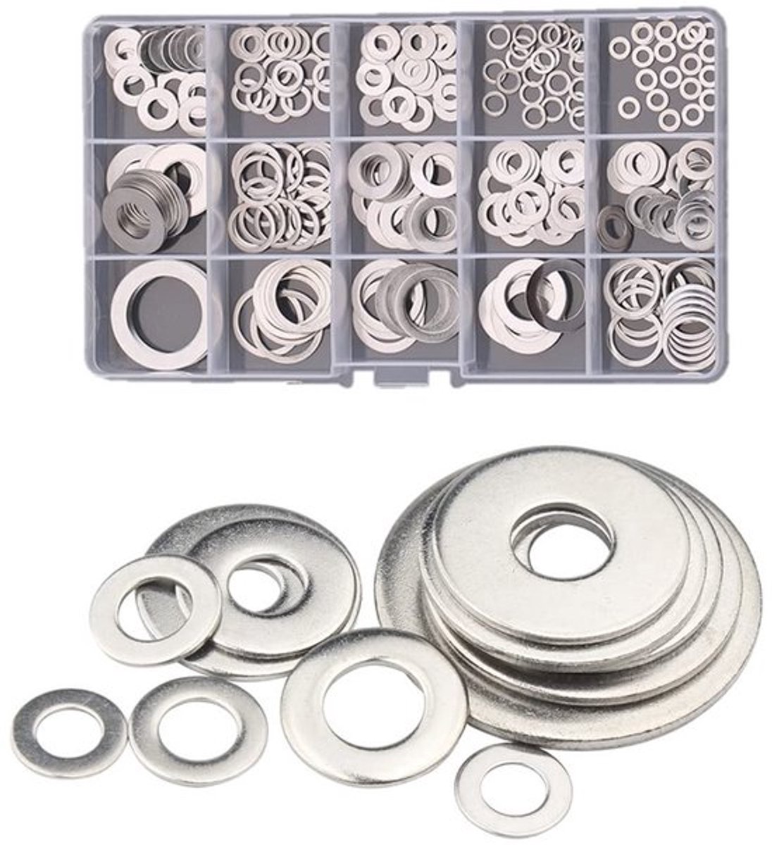 Complete Set van 260 Rvs Platte Ringetjes, Assortiment van 15 Maten voor M3 tot M20, Duurzaam en Corrosiebestendig