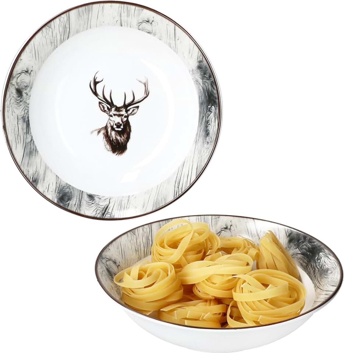 Alois 2-delige set serveerschalen Ø 23 cm I 1 l I witte hoge kom van porselein met hertendecoratie & houtlook voor aardappelen, knoedels, groenten, dessert, soep enz.
