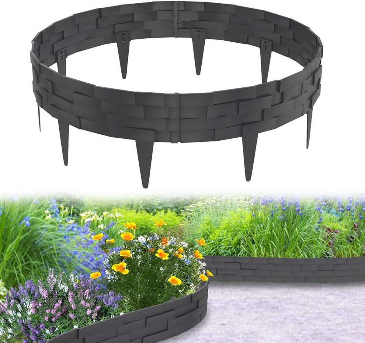 20 m gazonrand, steenbaksteen, simulatiestijl, antraciet | Perkrand kunststof steensteenlook design tuin bloembed omranding buigbare maairand bedbegrenzing flexibel