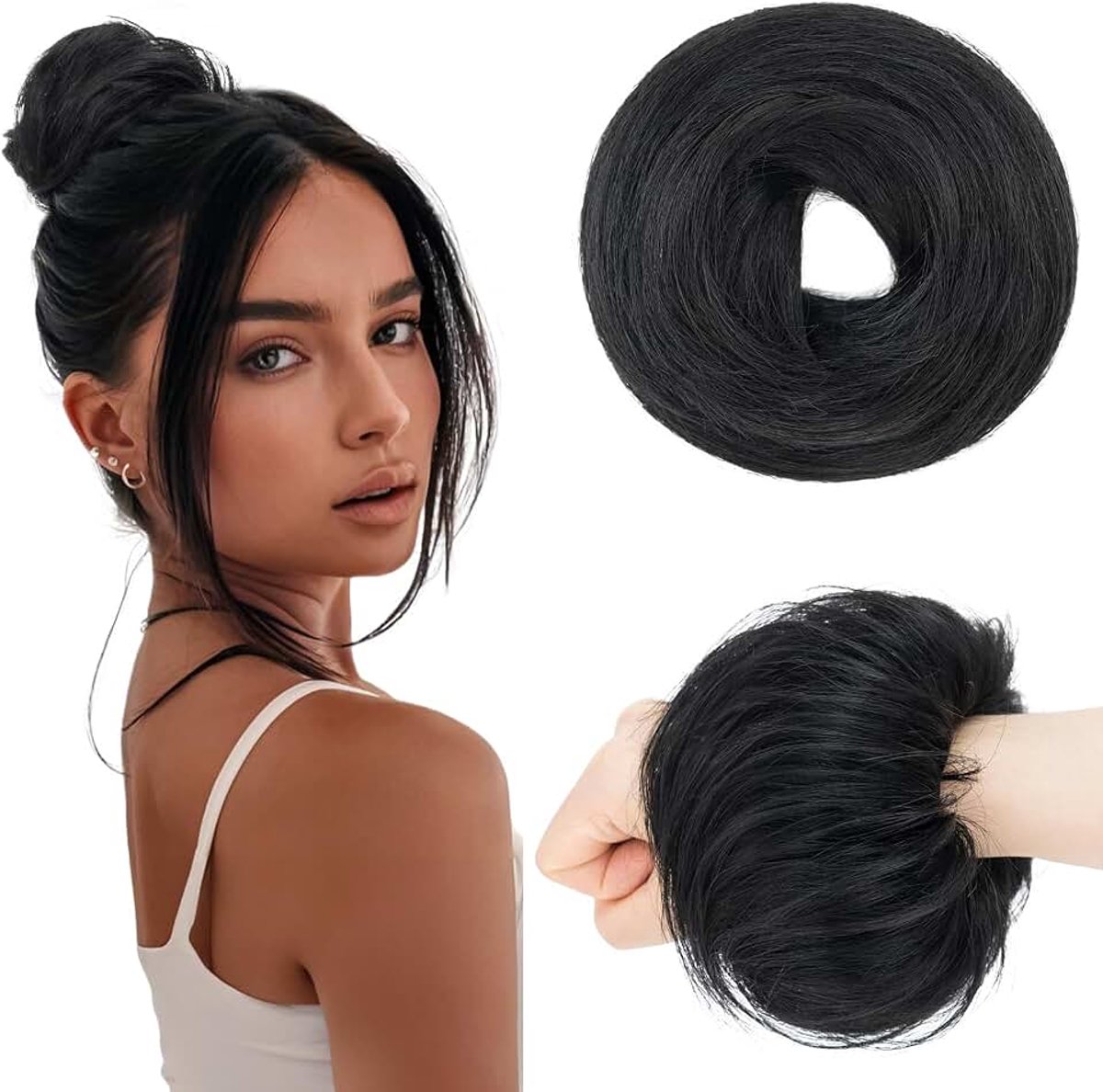 Chignon Postiche Echt Haar Steil - Natuurlijk Gladde Haar Opsteekknot met Elastiek voor Vrouwen & Meisjes (25g, #01 Zwart)