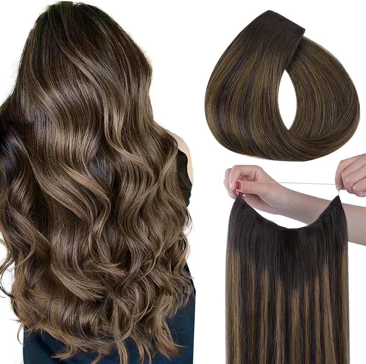 Haarextensies van 45 cm, 95 g, donkerbruin tot kastanjebruin, vislijn, haarverlenging, echt menselijk haar, steil, onzichtbaar, Remy-haar, menselijke extensie