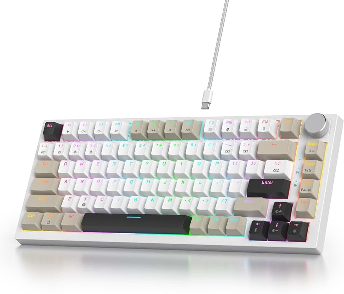 Bedraad mechanisch gamingtoetsenbord, 75 procent, hot-swap-compatibel mechanisch toetsenbord met gasketstructuur, RGB achtergrondverlichting, 82 toetsen TKL toetsenbord met draaiknop (82 Black