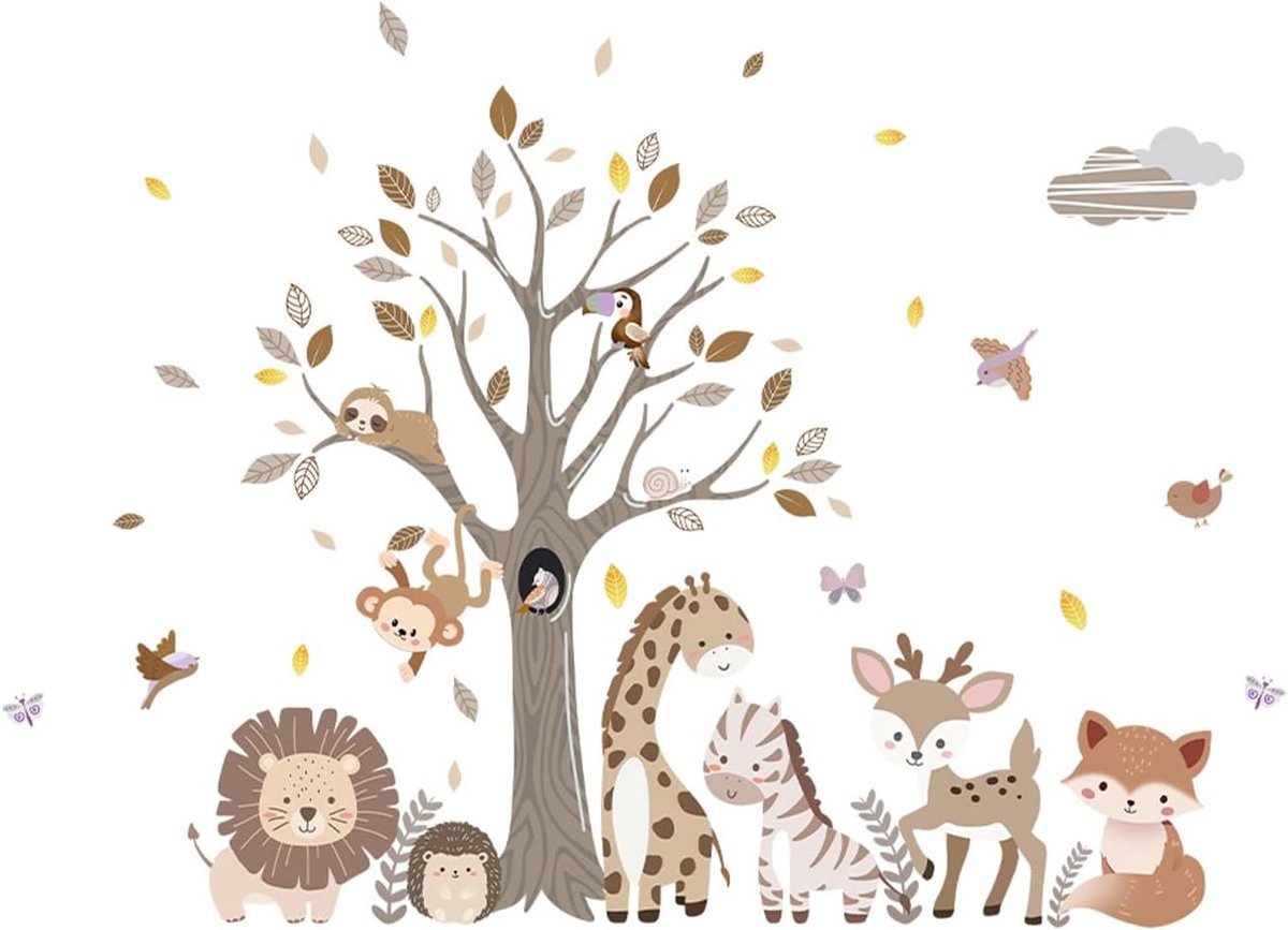Muursticker kinderkamer jungle dieren - XL muursticker kinderkamer jongens & meisjes - zelfklevende muursticker babykamer decoratie met safari bosdieren - wanddecoratie voor slaapkamer