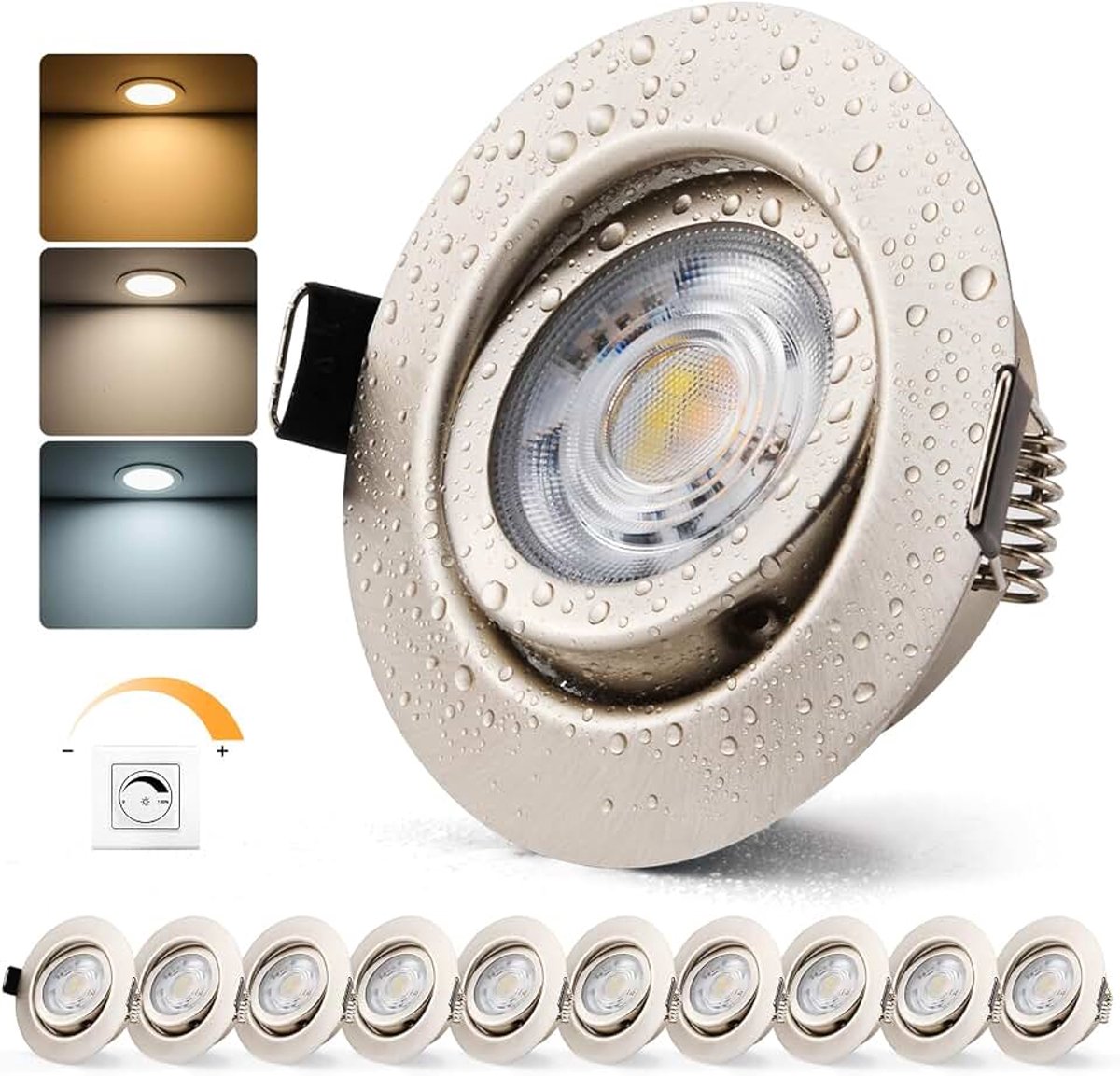Led-spots, plafondspots, 230 V, 7 W, inbouwspot, dimbaar IP44, metaal nikkel 68 mm gatmaat, warmwit/koudwit/neutraal wit, voor badkamer, keuken en woonkamer, set van 10 stuks