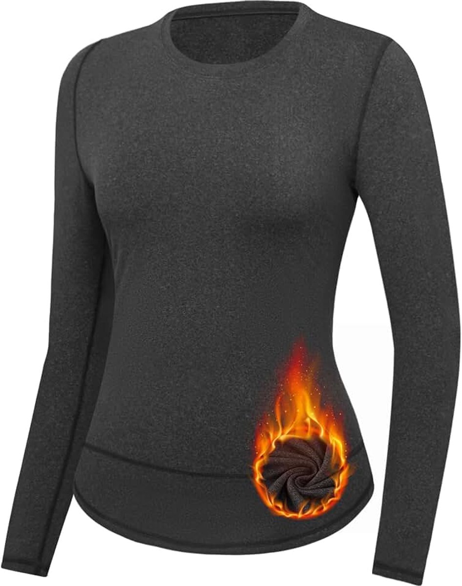 Thermische top voor dames, lange mouwen, basislaag met ronde hals, ondergoed, trainingsshirt voor hardlopen