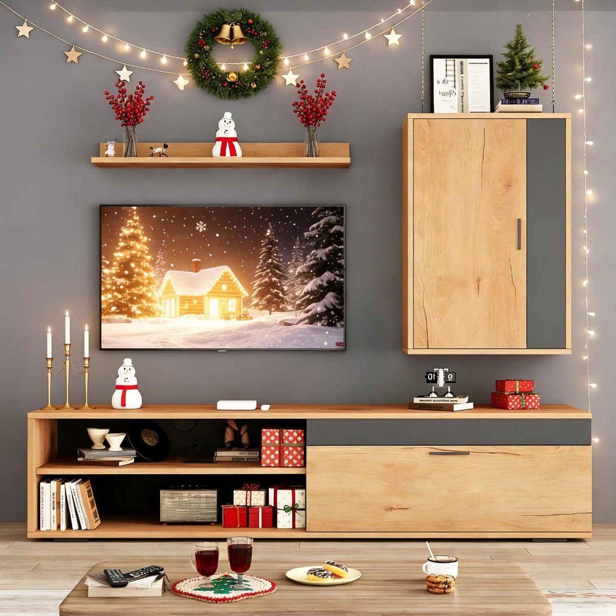 Tv-meubel set - Woonkamermeubel Lowboard - Media Organiseren - Driesdelige Set - 140 cm breed - Houtkleur en zwart