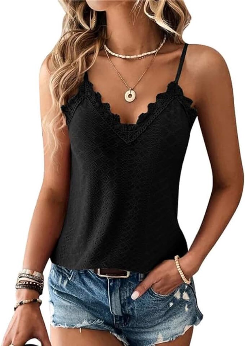 Vest Tops Dames Kanten Rand V-hals Dames Zomertops Tanktops Mouwloze Spaghettibandjes Cami Top Eyelet Borduursel Camisole Losvallende Blouse Shirt