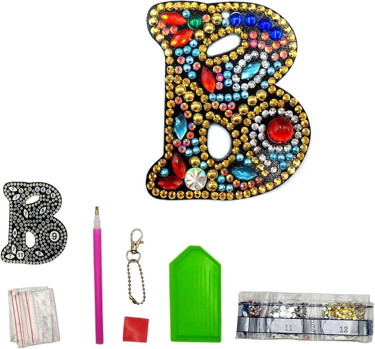 Sleutelhanger met tekst B DIY diamantschilderij, retro diamond painting, aan beide zijden van acryl, doe-het-zelf kunst, strass, diamant, schilderij kits voor hanger, tas, decoratie, broche