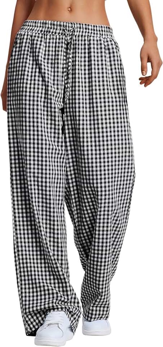 Pyjamabroek voor dames, geruit, lang, zomer, katoen, trekkoord, slaapbroek, zachte vrijetijdsbroek met zakken