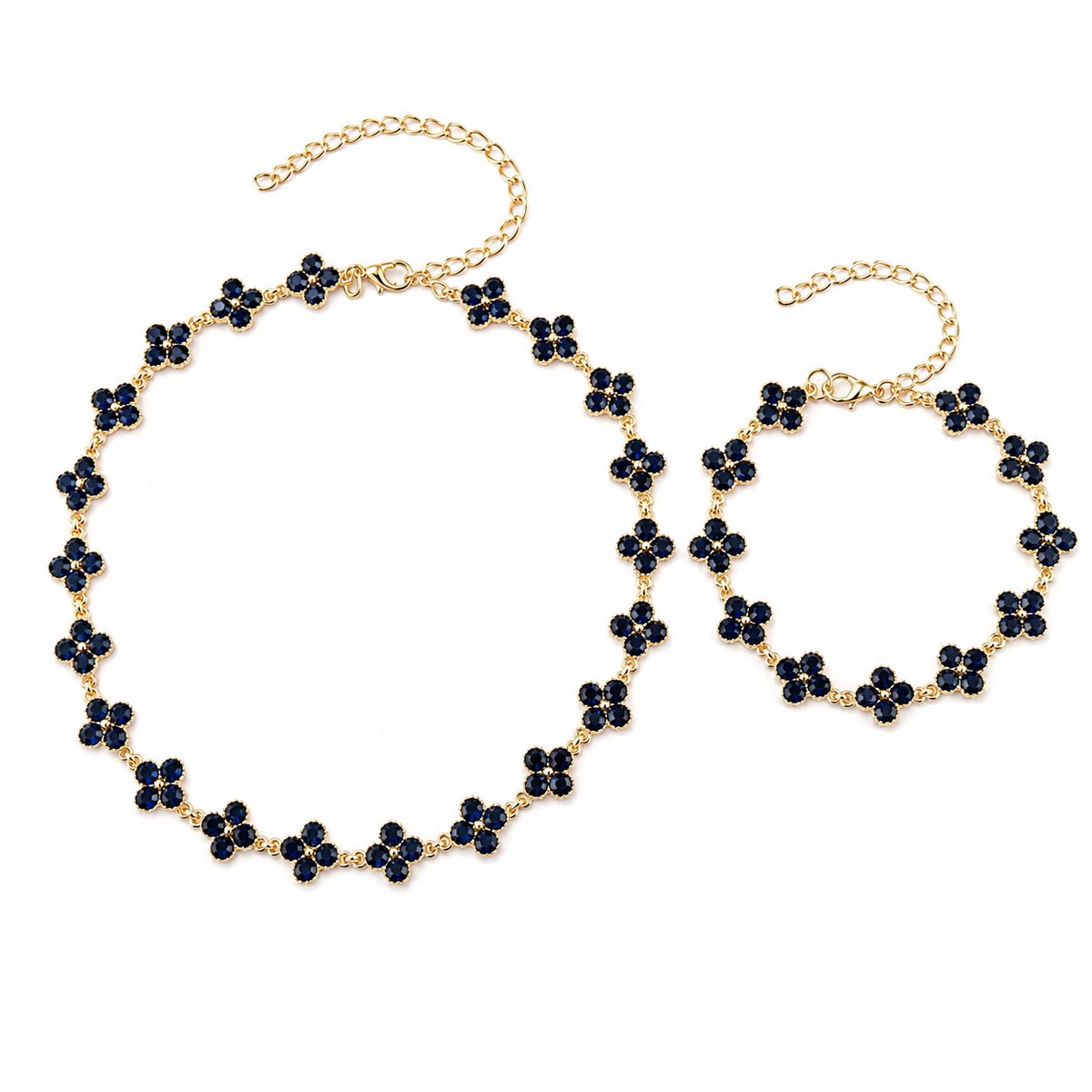 Helin Life Klavertje Vier Ketting & Armband Set Dames – Goudkleurige Sieradenset met zwart Kristallen – Verstelbare Halsketting en Armband – Elegant Cadeau voor Vrouwen
