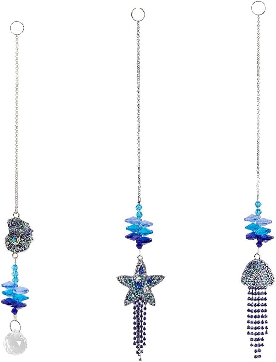 3 stuks, 3 stijlen, glazen zonnevanger in de vorm van zeester, medusa en schelp, windgong met blauwe parels, hangende decoratie voor de zomer