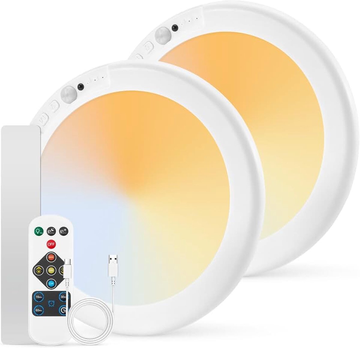 Batterij aangedreven Badkamerverlichting met Bewegingssensor, USB Oplaadbare LED Plafondlamp, Pir Garageverlichting Binnen, Draadloze Afstandsbedieningslamp voor Schuur Zolder Veranda, Ronde 2