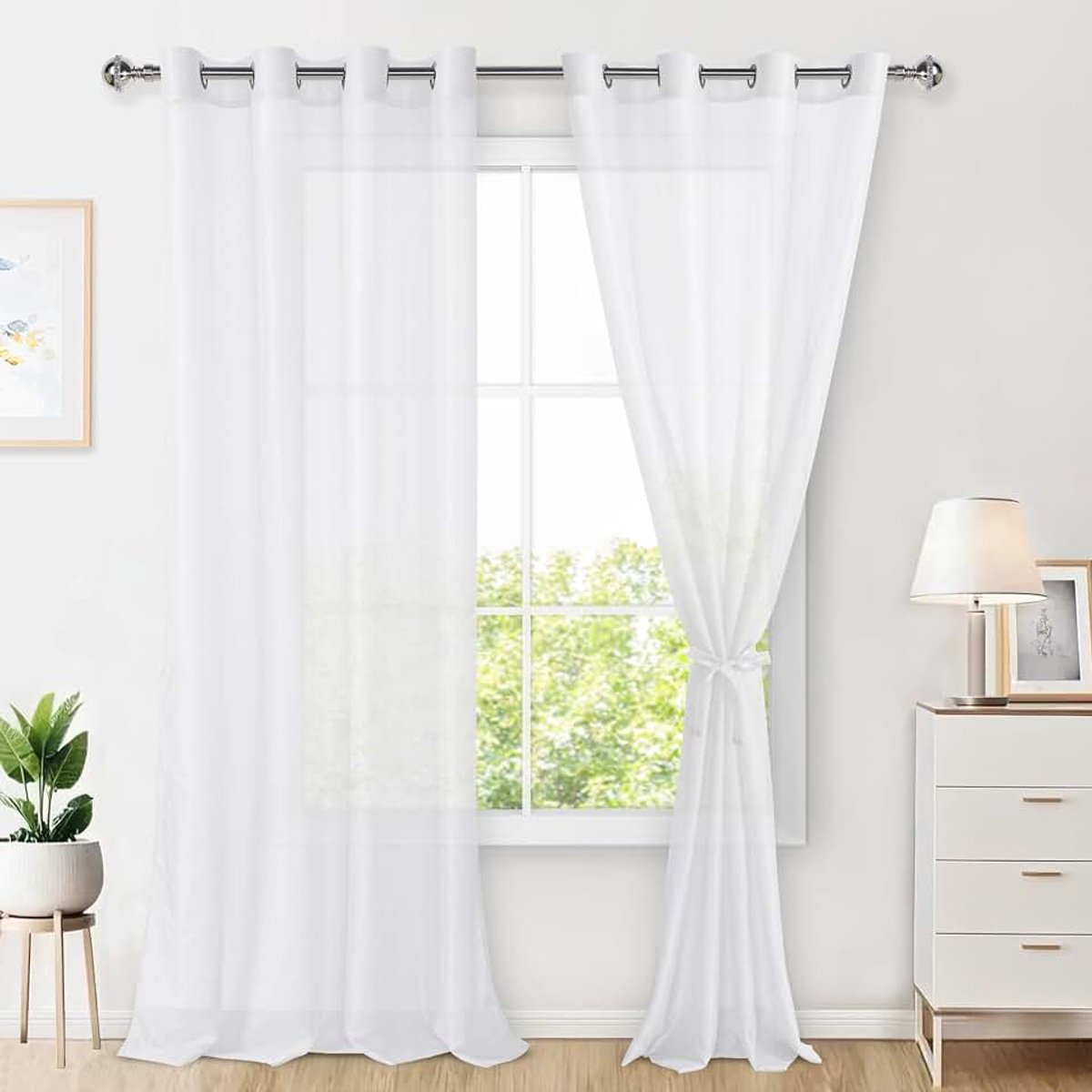 Glasgordijn, set van 2 gordijnen, voor woonkamer met ringen, transparant, doorzichtig, luchtig, decoratief, voor slaapkamer en woonkamer, 260 x 140 cm (h x b), wit