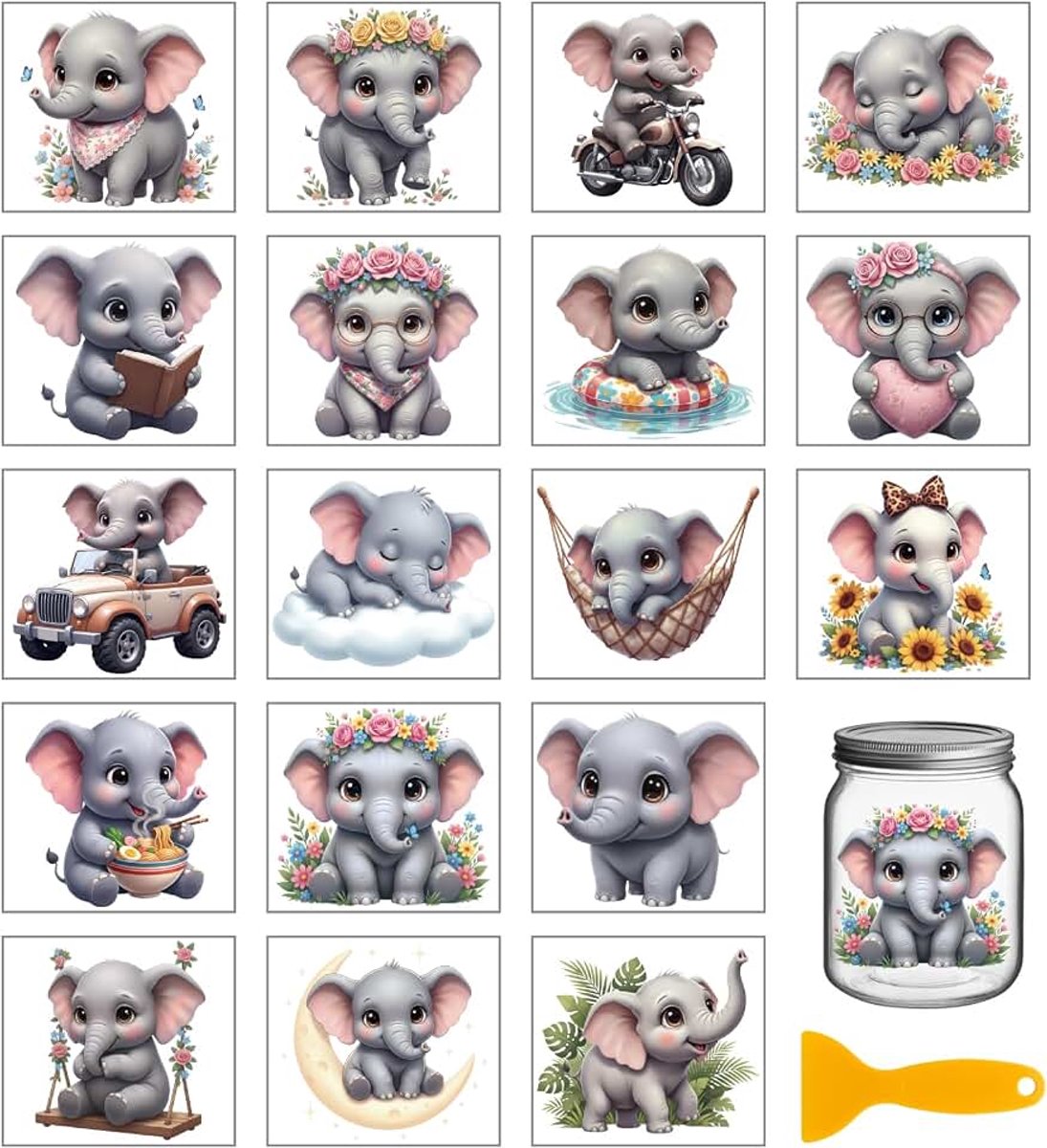 18 vellen schattige olifantenstickers voor het versieren van kopjes en andere creaties, waterdichte stickers, 9,9 x 8,6 cm, vertegenwoordiger van bloemen en dieren