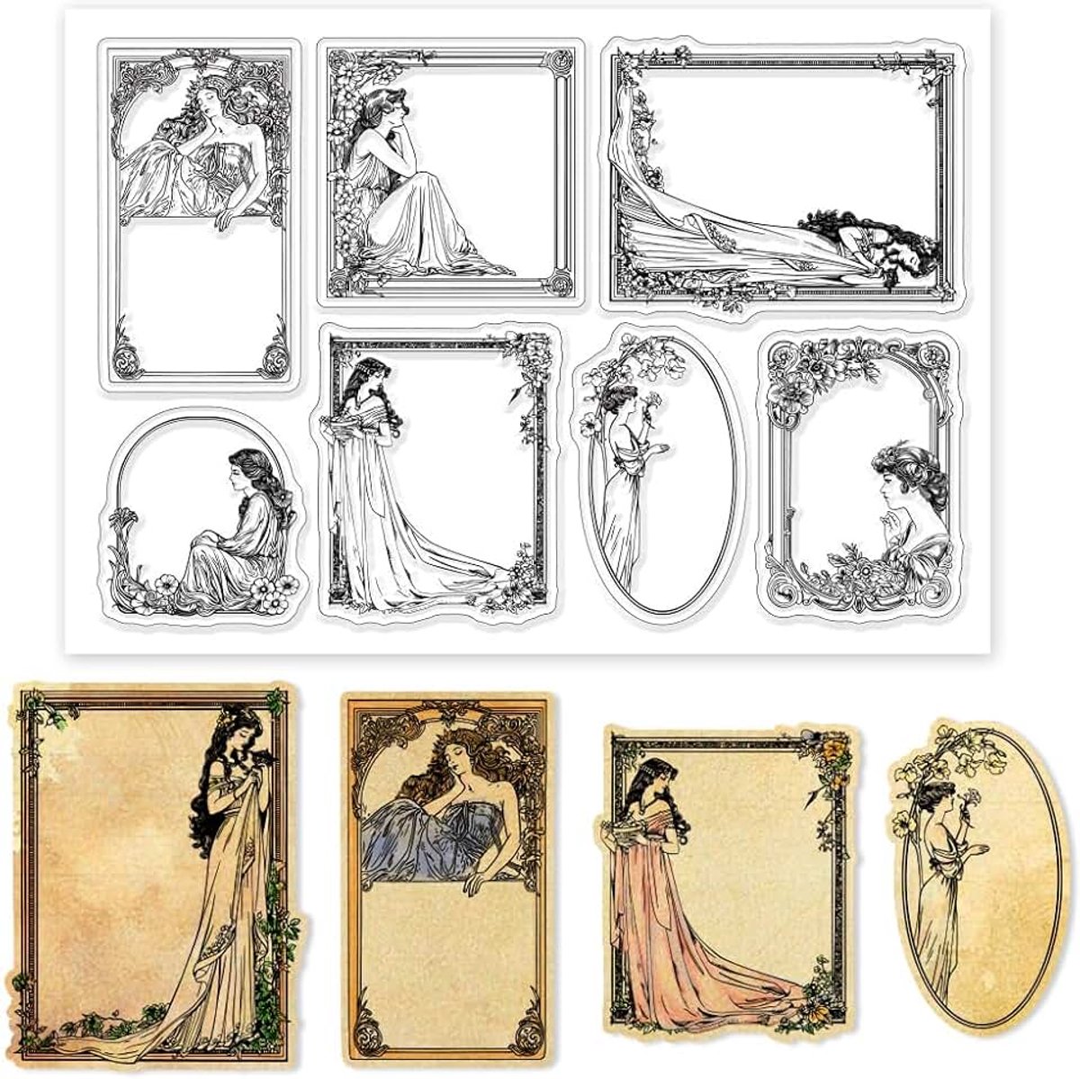 Vintage vrouw frame transparante siliconen stempel vintage dame frame heldere stempels bloemen frame siliconen stempel voor kaarten maken DIY reliëf journaling