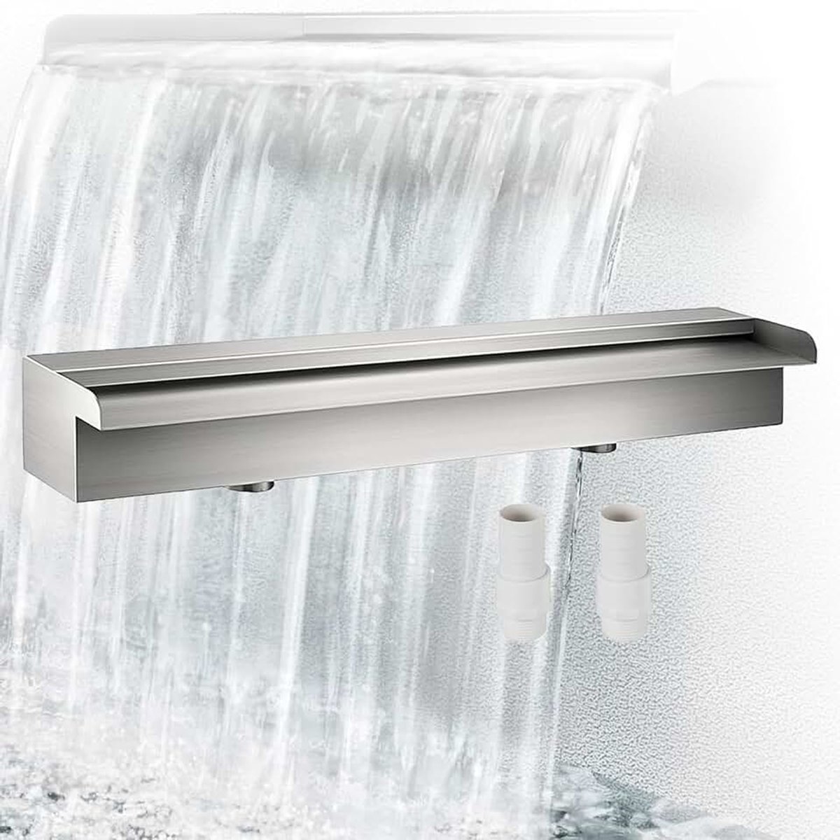 Watervalmessen van roestvrij staal, brede buitenfontein, overloopbuis voor waterval met accessoires, geschikt voor muren, zwembaden en zwembaden, 60 x 11,5 x 8 cm (zonder licht)