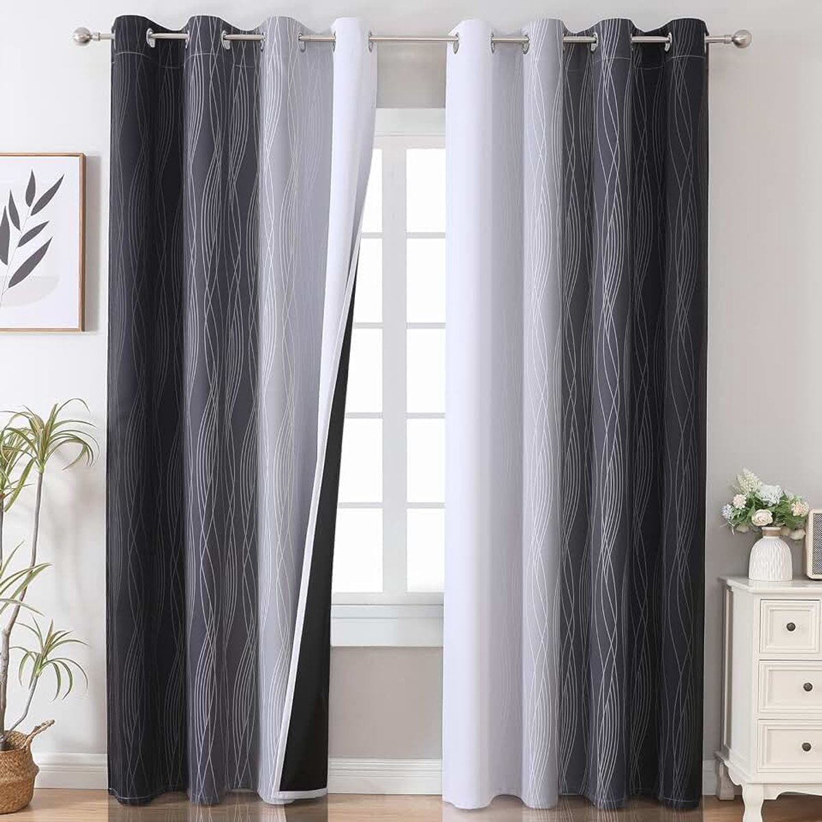 Gordijnen met kleurverloop zwart en wit, verduisterend voor slaapkamer met ringen, thermogordijn koudebescherming dicht, woonkamer ombre verduisterende gordijnen, H 214 x B 132 cm, set van 2