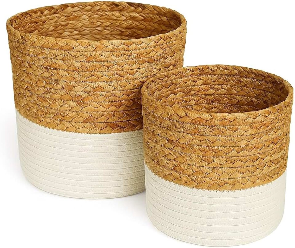 Set van 2 opbergmanden van waterhyacint en katoen, gevlochten opbergmanden voor badkamer, kinderkamer, woonkamer, plantenmand, decoratieve opbergmanden voor opbergruimte